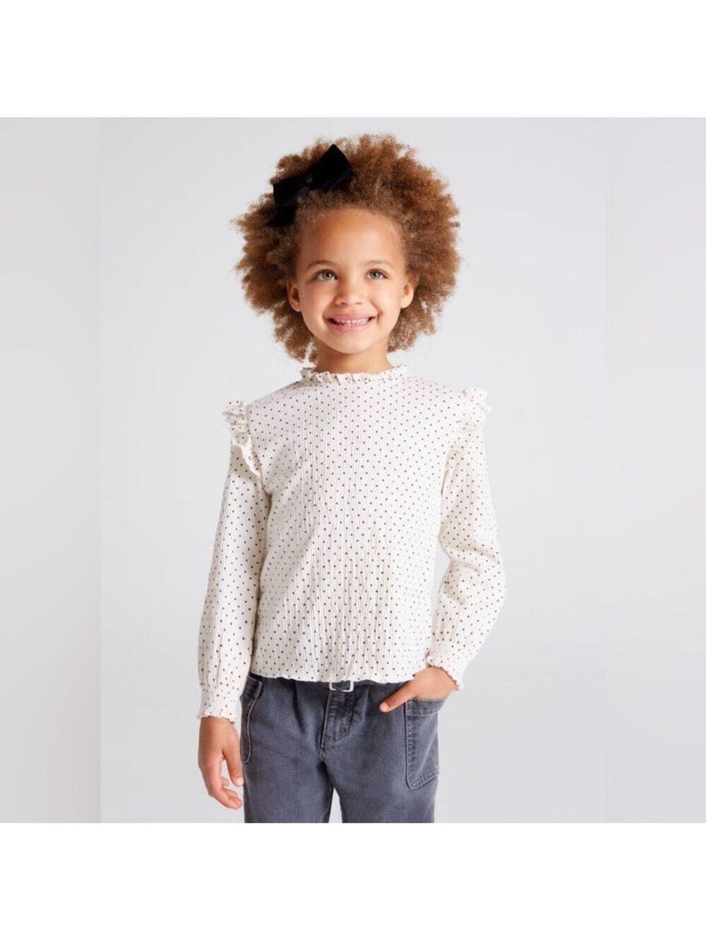 Size 7 Girls Mayoral Cream and Black Dotted Long Sleeve Top